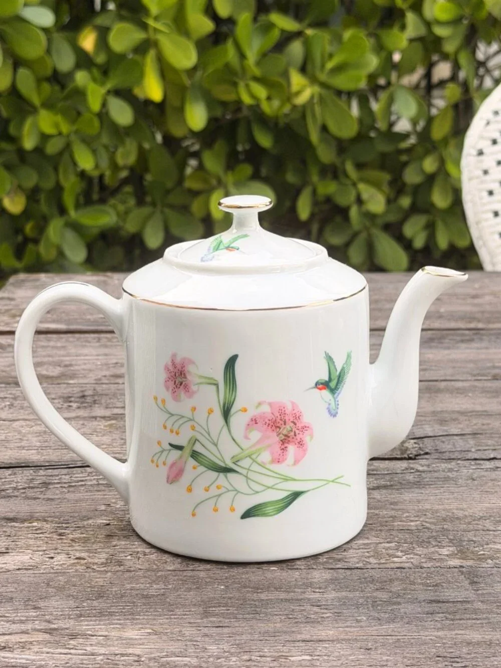 Vintage MCM White Porcelain Teapot with Hummingbird & Pink Lily Flowers Japan